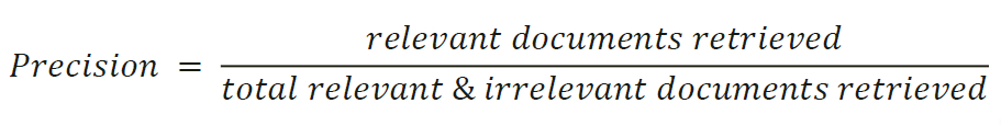 Precision = relevant documents retrieved divided by total relevant & irrelevant documents retreived