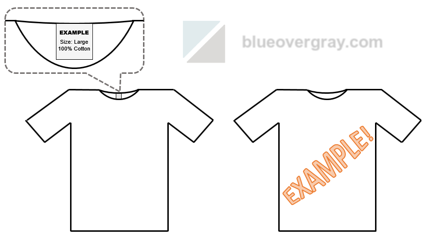 graphic of example trademark specimens of shirts, with one on left showing a branded tag inside the collar and the one one the right shoing an ornamental graphic on the center front of the shirt