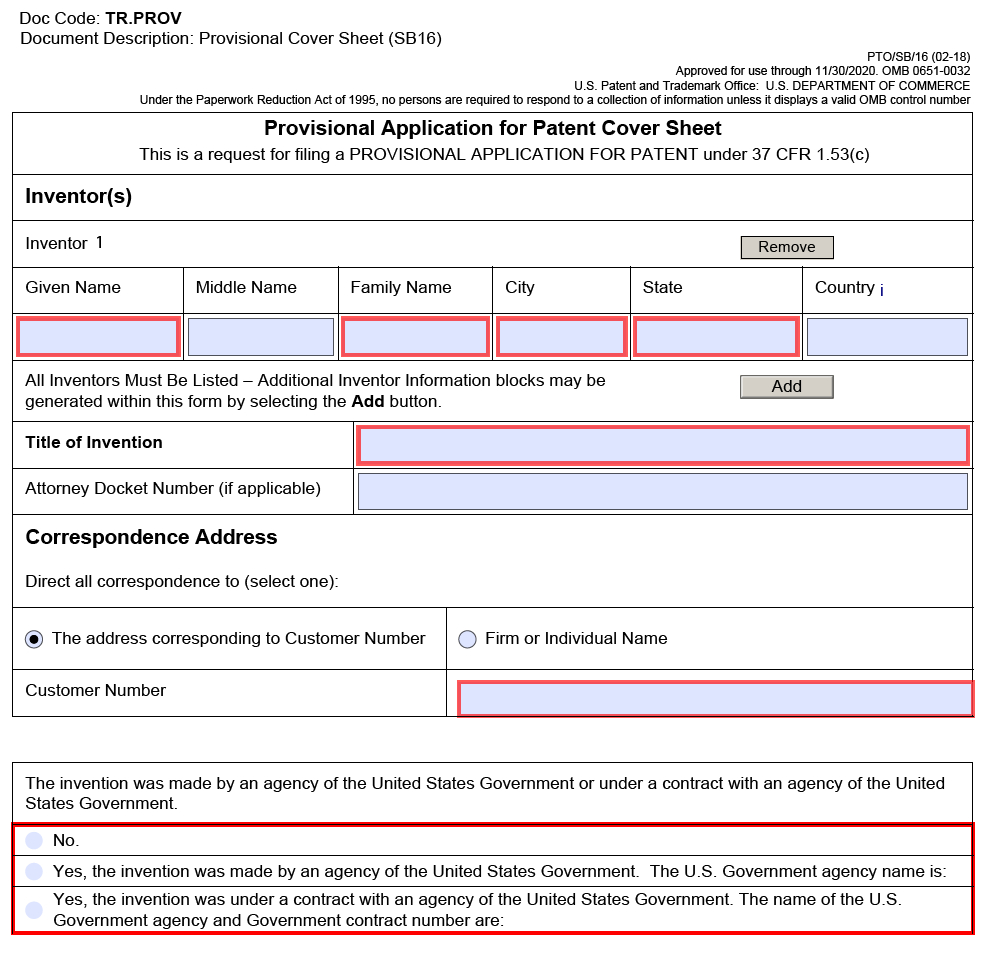 provisional application for patent cover sheet form PTO/SB/16