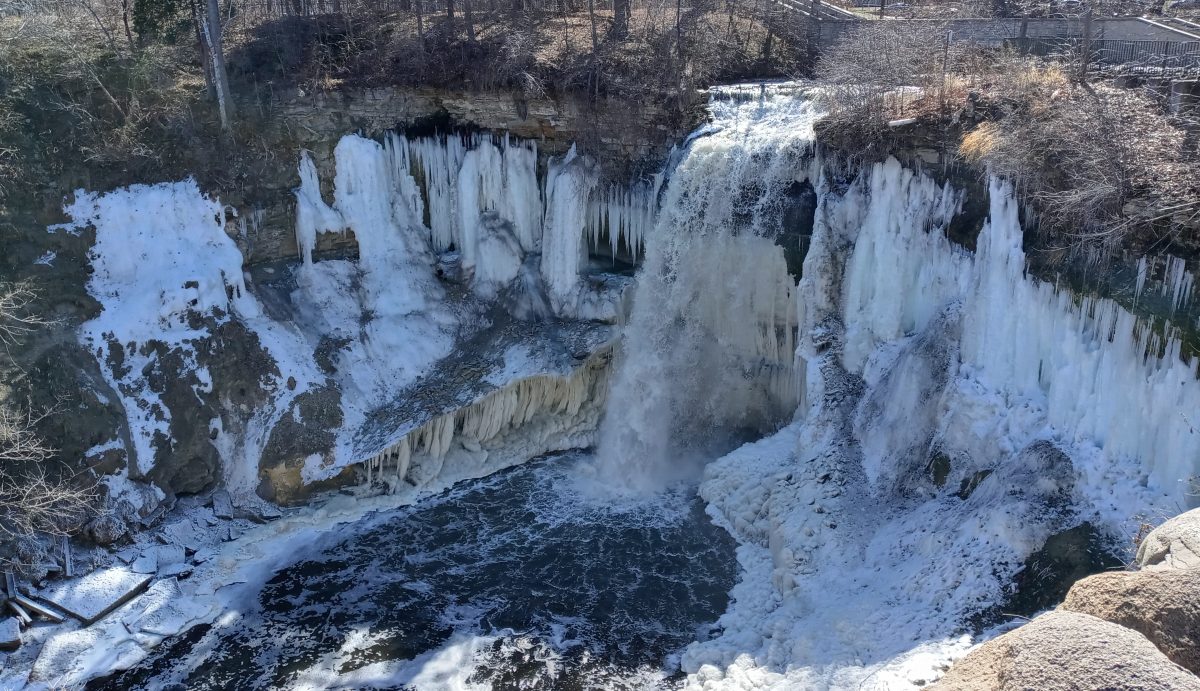 Photo of Minnehaha Falls in Minneapolis in spring, partially frozen