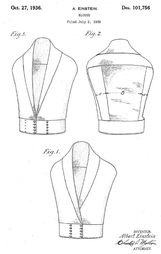 Front page of Albert Einstein's U.S. Design Patent No. D101,756 for a blouse