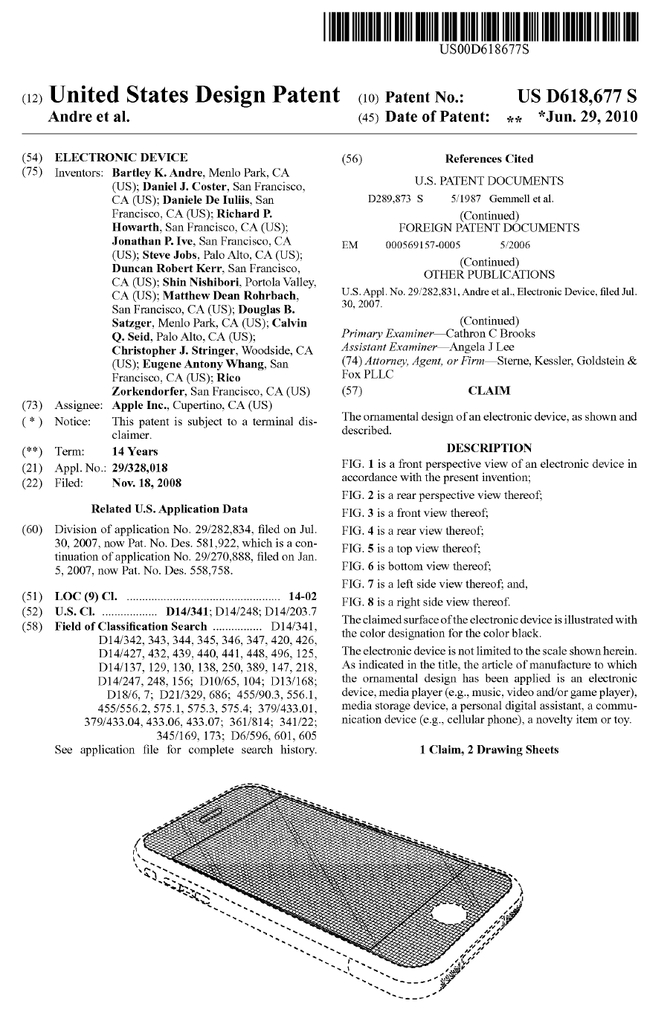 Front Page of U.S. Design Patent No. D168,677 for an Electronic Device assigned to Apple, Inc.