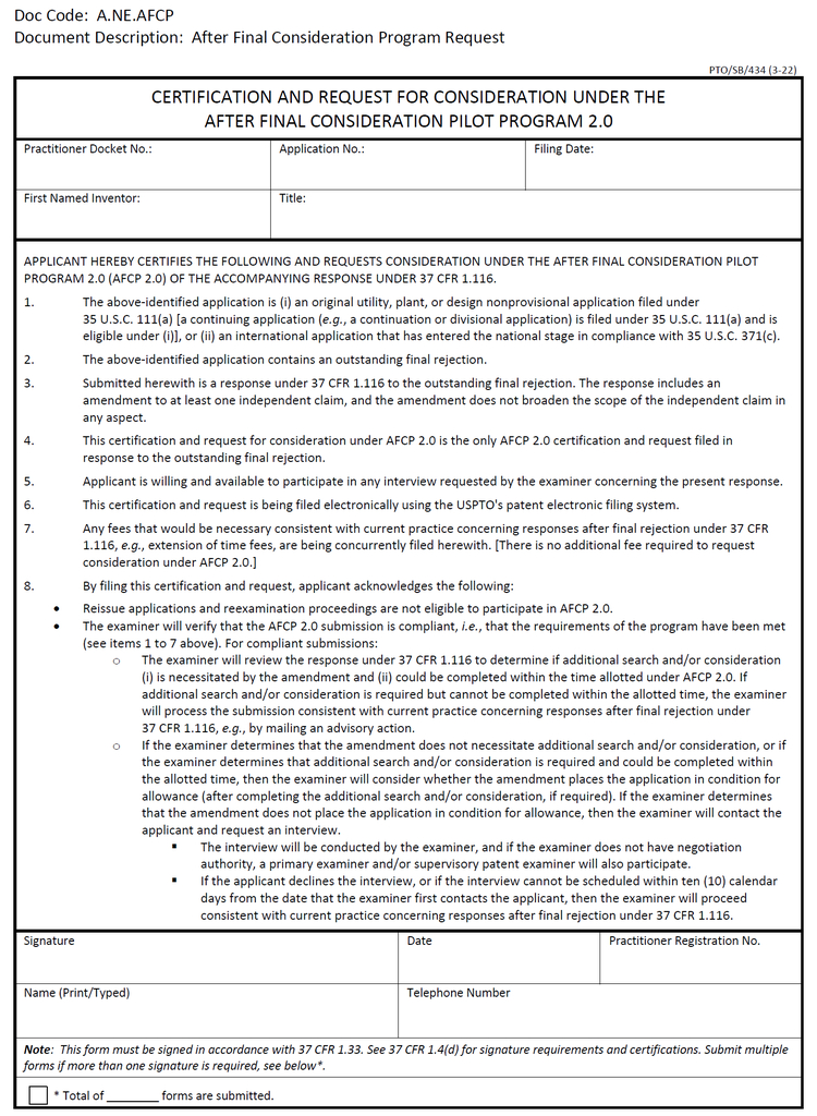 Image of main page of the USPTO's "Certification and Request for Consideration Under the After Final Consideration Pilot Program 2.0", form PTO/SB/434 (version 3-22)