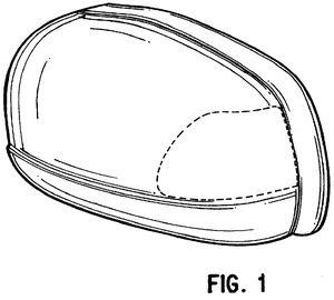 FIG. 1 of U.S. Pat. D427,554, showing use of shading lines to illustrate 3D contours of a vehicle mirror