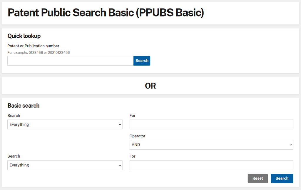 Screenshot of the USPTO's PPUBS Basic search interface