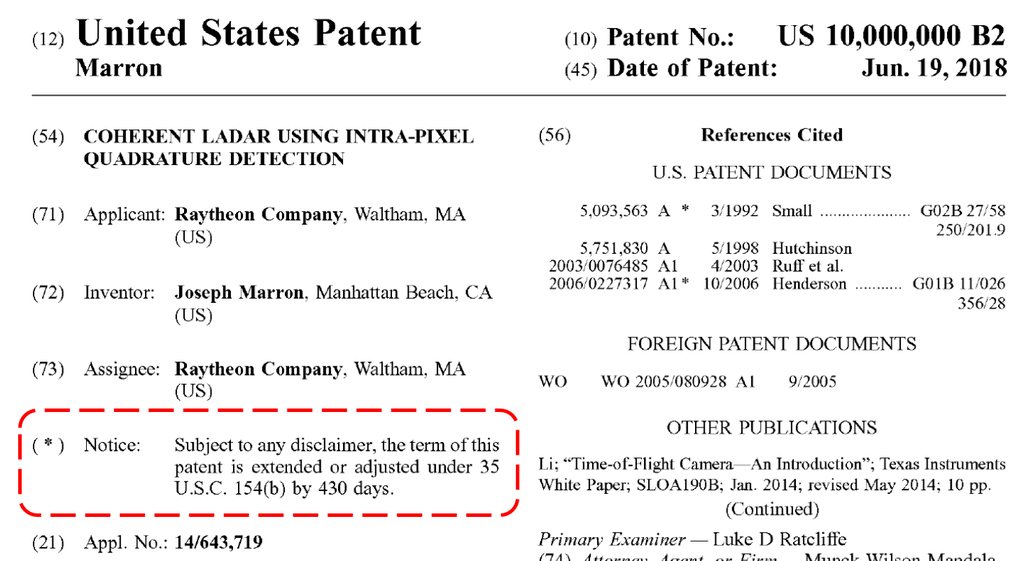 Excerpt of U.S. Pat. No. 10,000,000 showing: "(*) Notice: Subject to any disclaimer, the term of this patent is extended or adjusted under 35 U.S.C. 154(b) by 430 days."