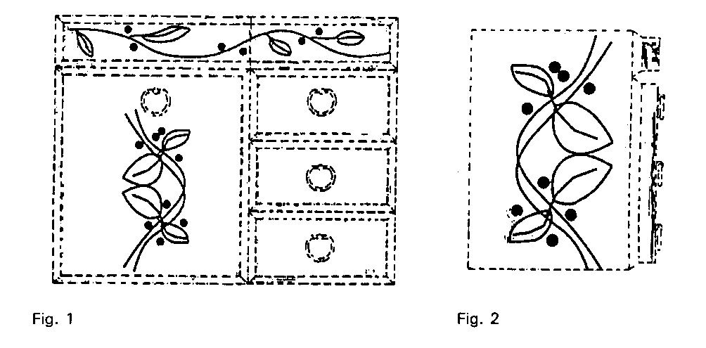 example design patent application drawings showing broken lines to indicate a partial claim to only surface ornamentation on a jewelry cabinet