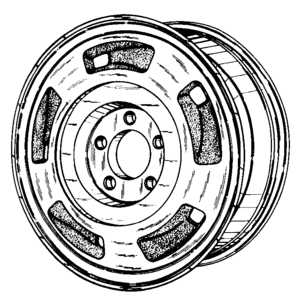 Drawing of a wheel hub showing use of a combination of shading lines and stippling in a design patent drawing