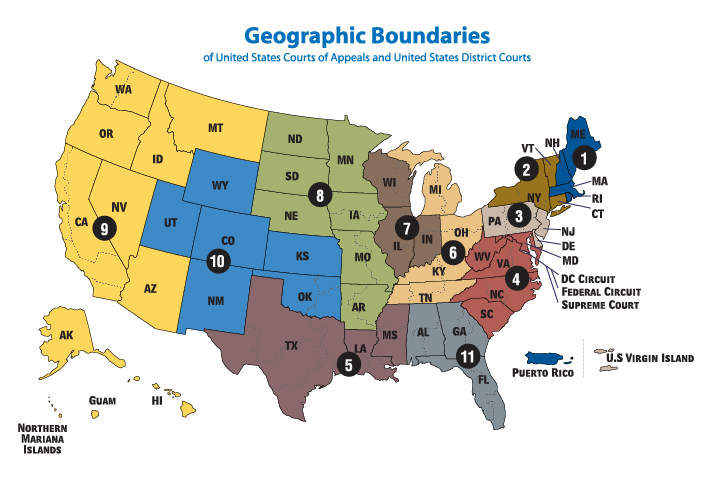 Map of geographic boundaries of U.S. courts of appeals (and U.S. district courts)