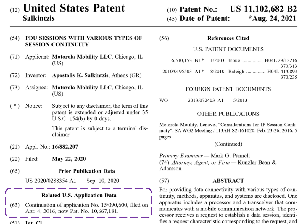 Excerpt of U.S. Pat. No. 11,102,682 showing: "Related U.S. Application Data (63) Continuation of application No. 15/090,600, filed on Apr. 4, 2016, now Pat. No. 10,667,181"