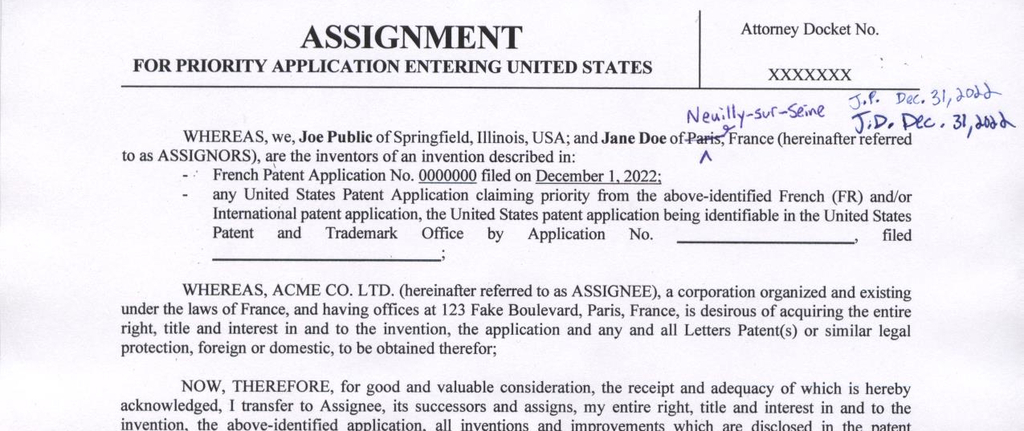 Scanned excerpt of example marked-up corrections of error on patent assignment with dated inventor-assignor initials