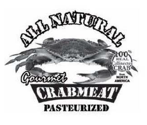 Image of applied-for designation (alleged mark) in Ser. No. 87/405,233: ALL NATURAL 100% REAL CALLINECTES CRAB FROM NORTH AMERICA GOURMET CRABMEAT PASTEURIZED  and design (including realistic image of a crab)