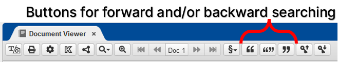 Annotated screenshot of Patent Public Search Advanced Search Interface "Document Viewer" quotation mark buttons to forward and/or backward search U.S. patent documents from the "References Cited" section of a granted U.S. patent