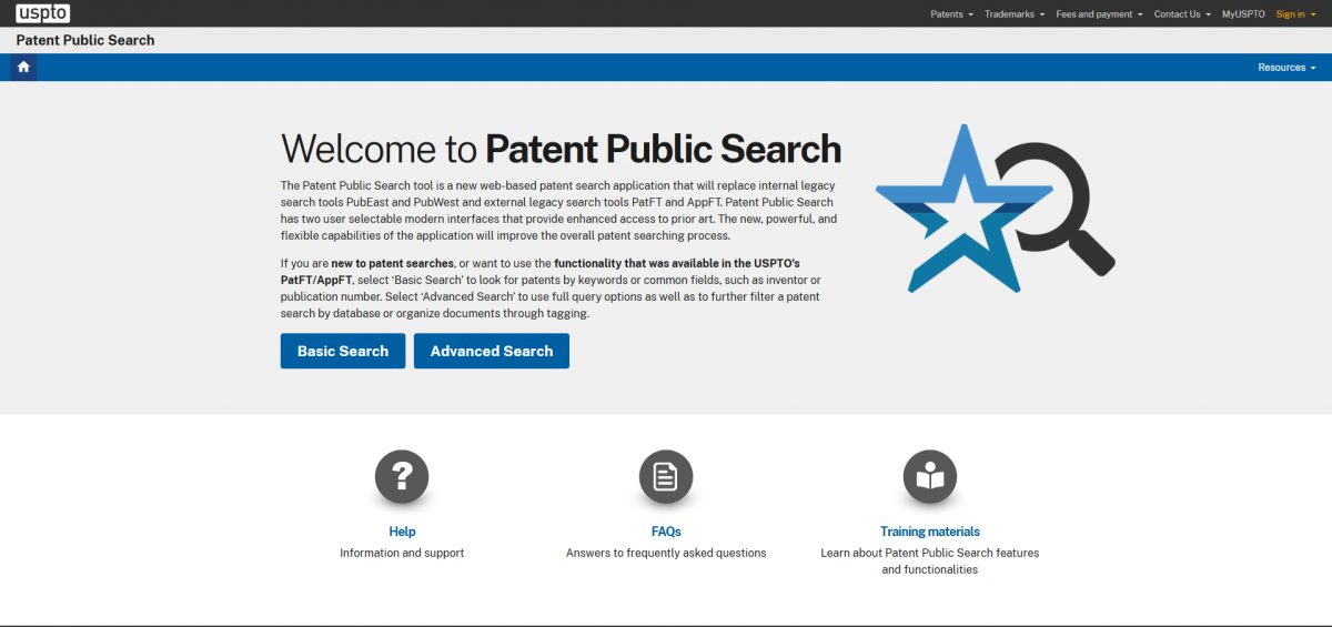 screenshot of Patent Public Search landing web page