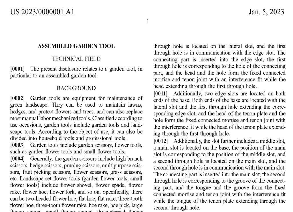 Excerpt of the first page of text of US 2023/0000001 A1 for an "Assembled Garden Tool" showing two-column format with paragraph numbers