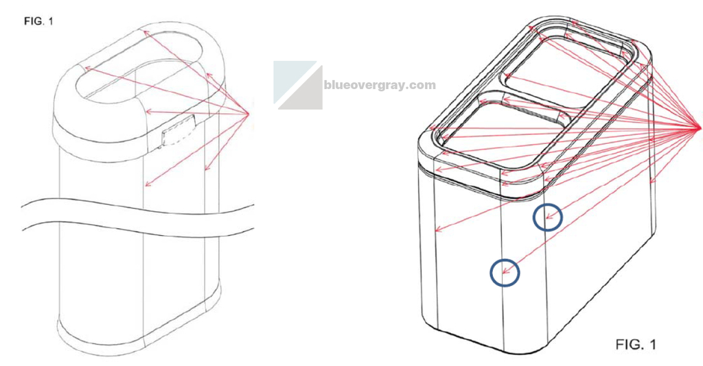 Annotated views with red arrows and blue circles labeling disputed lines in two trash can/recycling bin design patents