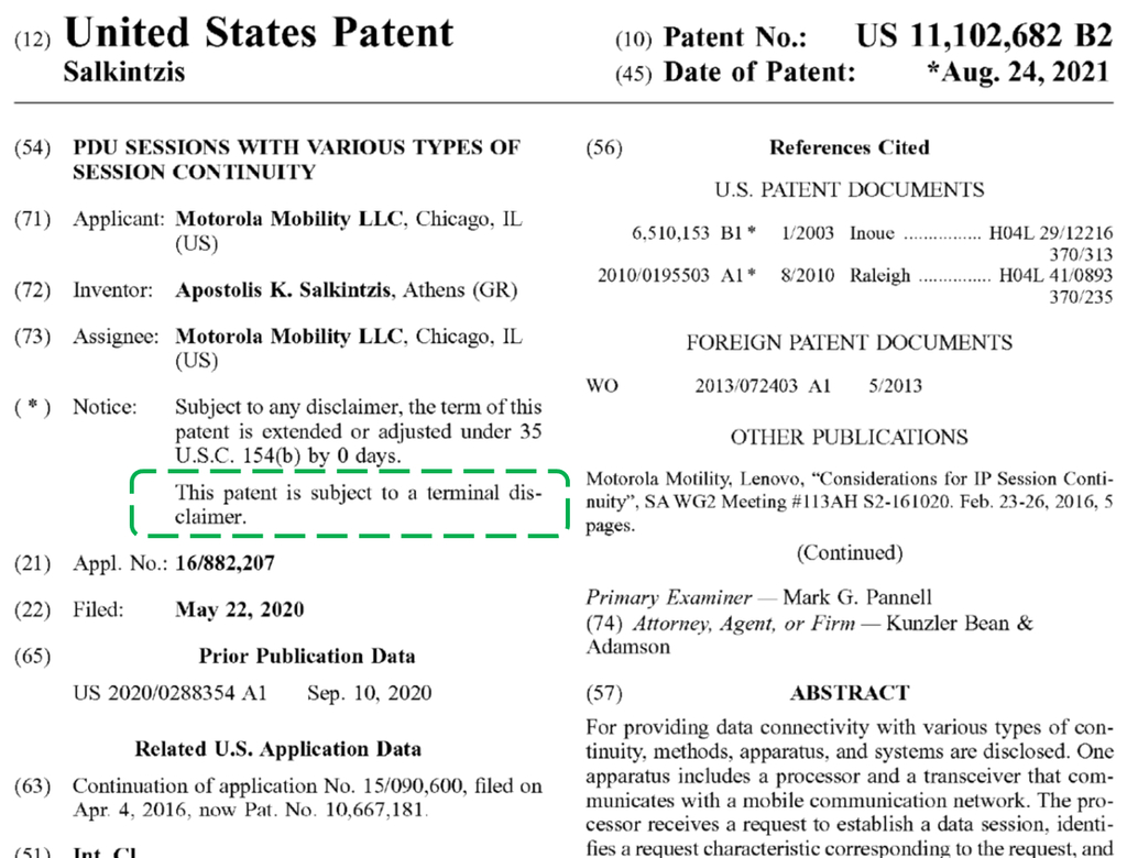 Excerpt of U.S. Pat. No. 11,102,682 showing the notice: "This patent is subject to a terminal disclaimer"