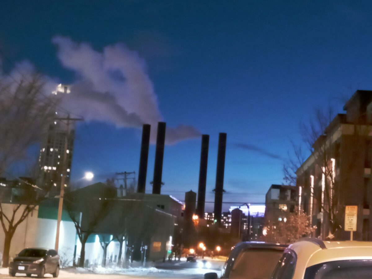 Smokestacks at night in Minneapolis