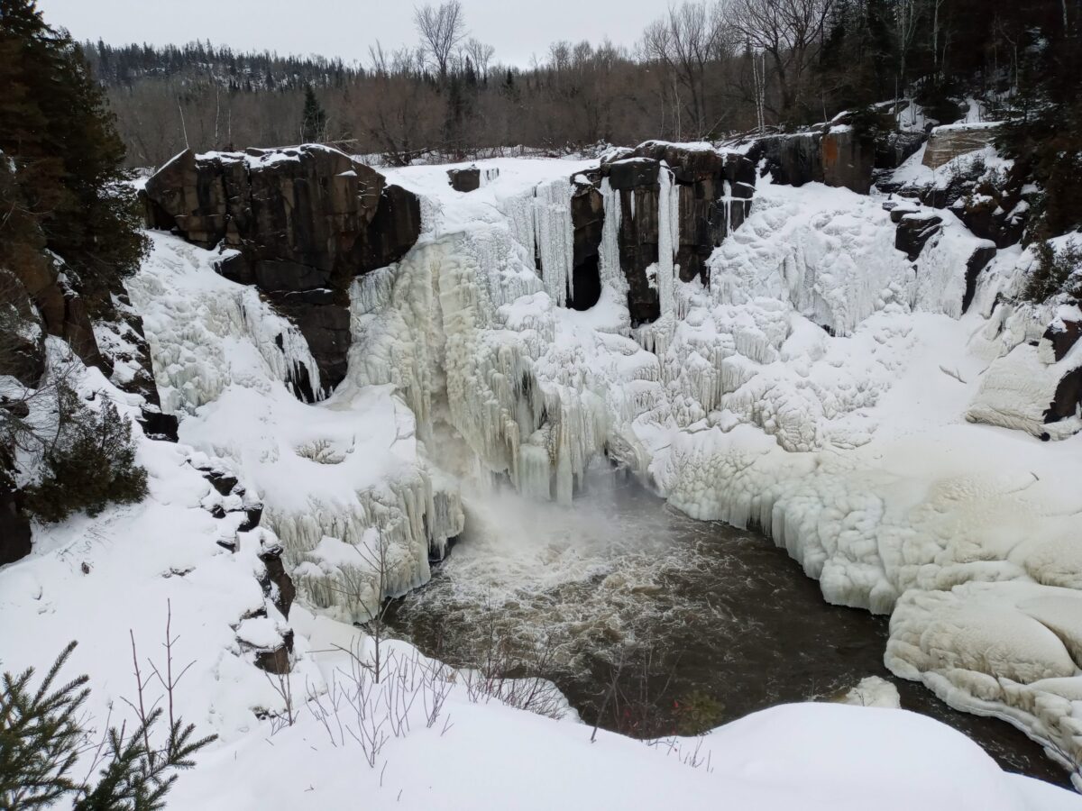 photo of frozen High Falls waterfall on Pigeon River